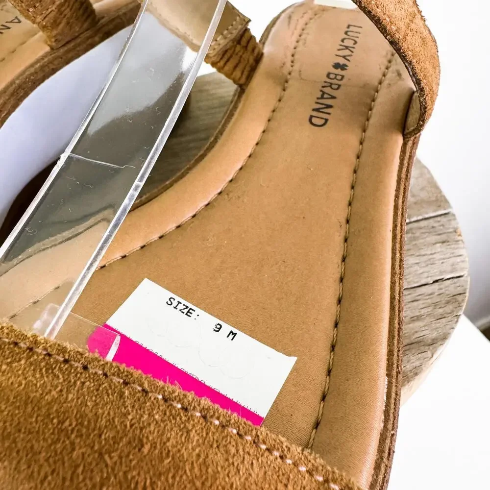 Lucky Brand LK-Tamri Suede Strap Wedge Platform Summer Sandals Cognac sz 9M NEW